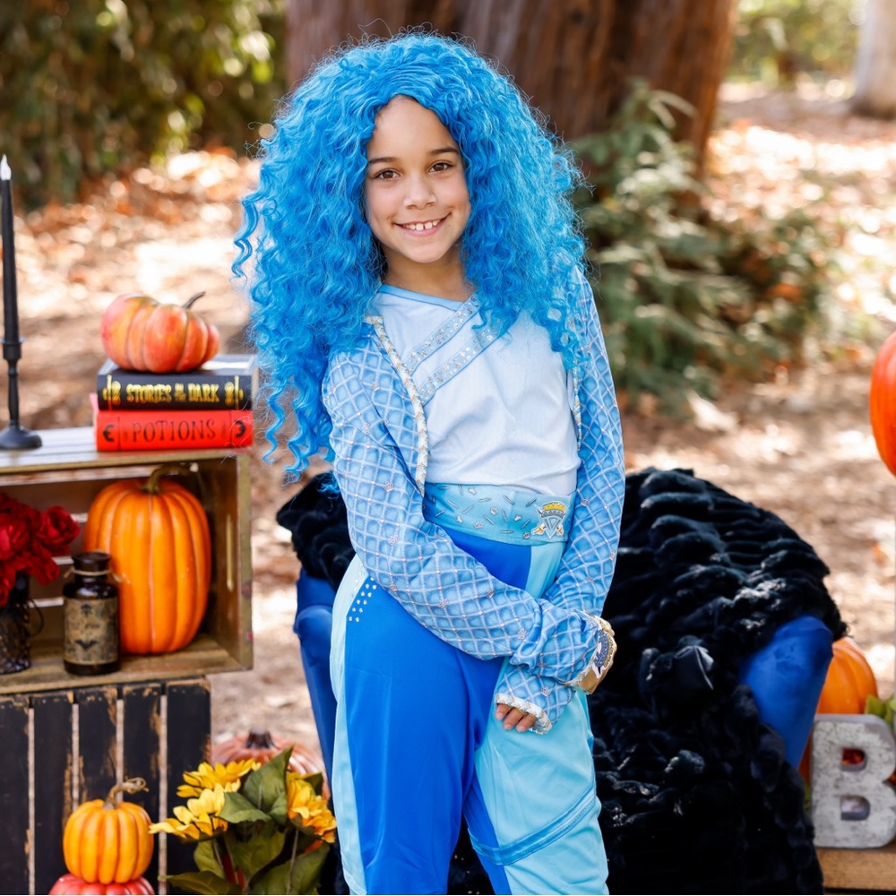 Disney Blue Merida-Inspired Girls Costume with Bright Blue Wig